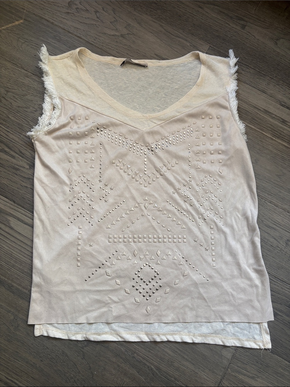 Zara | Boho Studded Cream Embellished Fringe-Trim Sleeveless Top Size Small